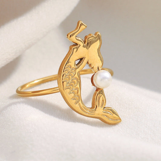 Minimalist Geometric Stainless Steel Ring with 18K Gold Plating and Pearl-Like Accents for Women