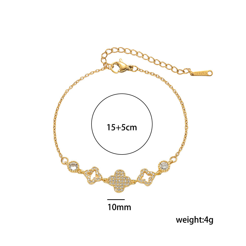 Luxury Minimalist Clover-Shaped Gold-Plated Copper Bracelet with Micro-Pavé Zirconia for Women