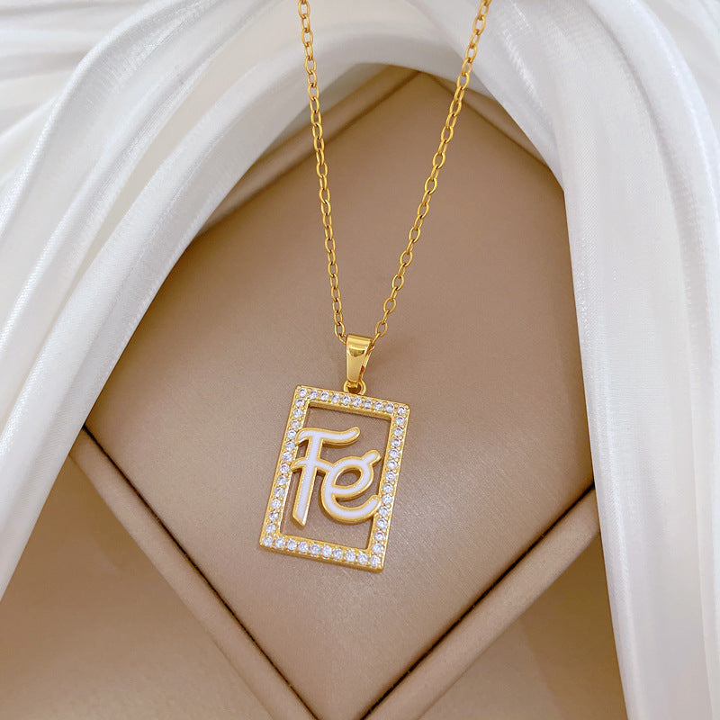 Sweet Geometric Square Hollow Rhinestone Pendant Titanium Steel Necklace for Unisex