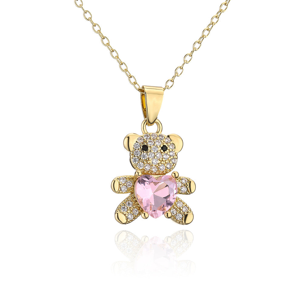 Cute Bear-Shaped Pendant Necklace in Copper with Micro-Paved Zirconia, Heart Design, Minimalist Style