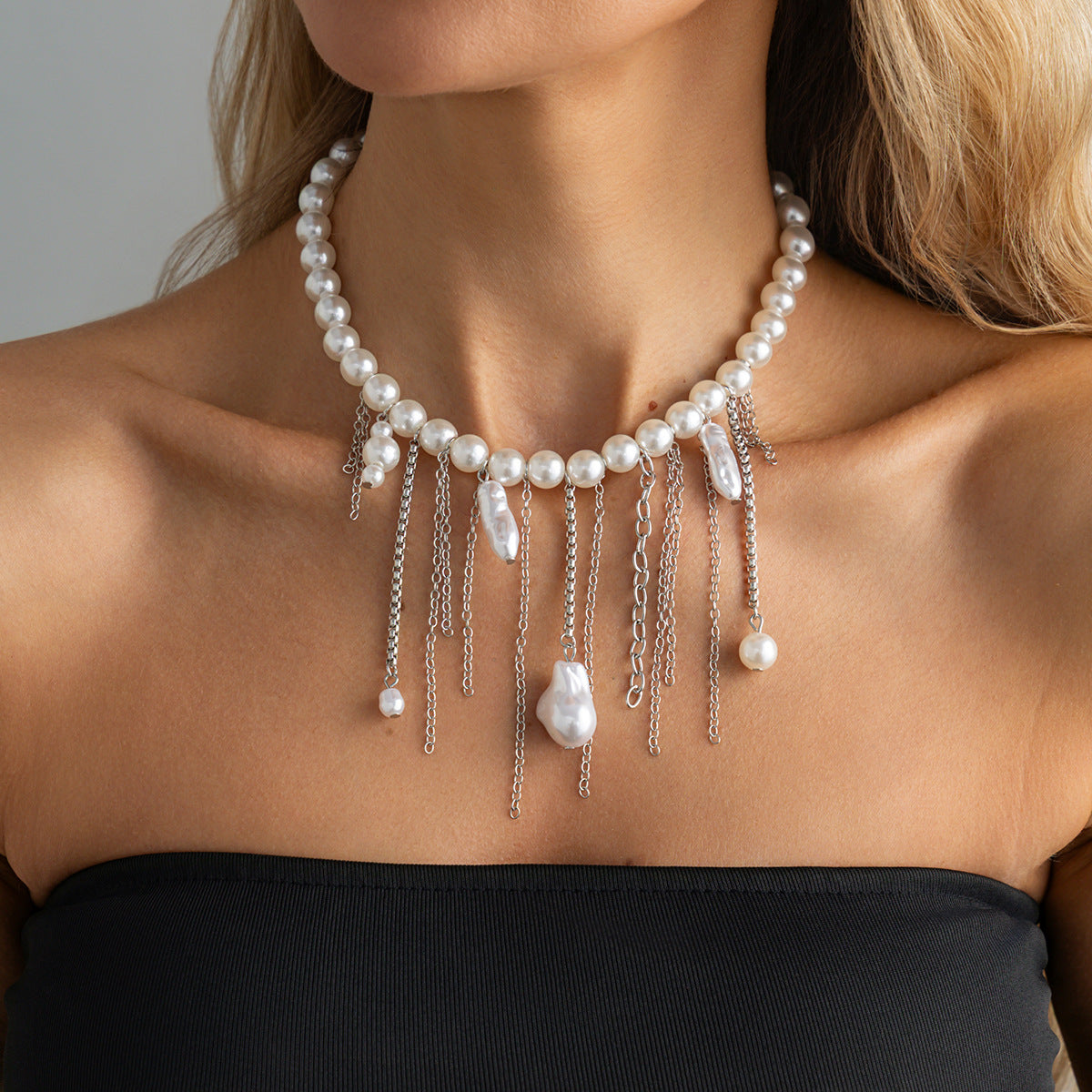 Sweet Geometric Baroque Pearl Tassel Pendant Necklace Multi-layer Ball Chain for Women