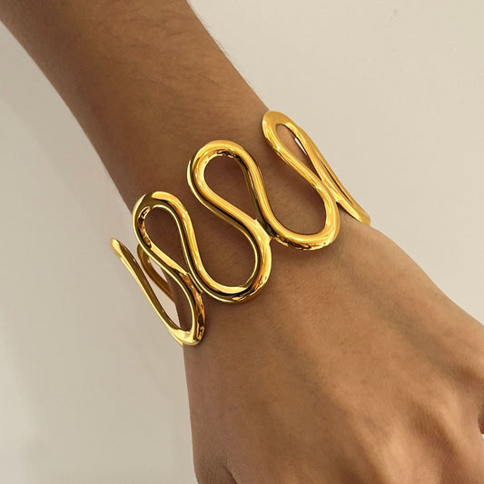 Luxury Minimalist 18K Gold Plated Geometric Line Stainless Steel Bangle Bracelet for Women
