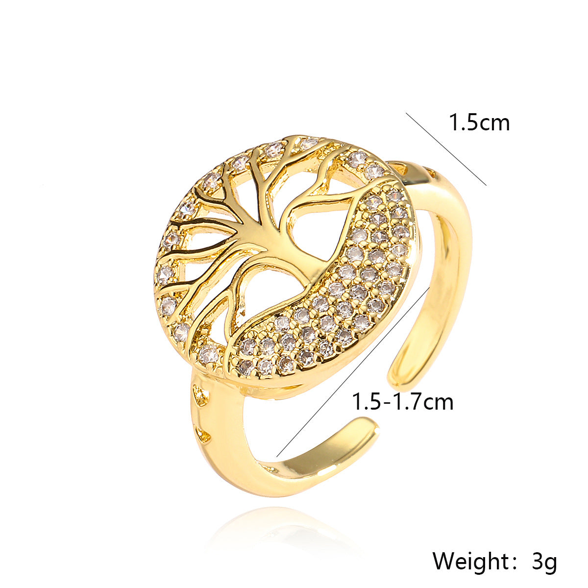 Anello aperto geometrico minimalista da donna in ottone con zirconia micro-pavé con design Albero della Vita