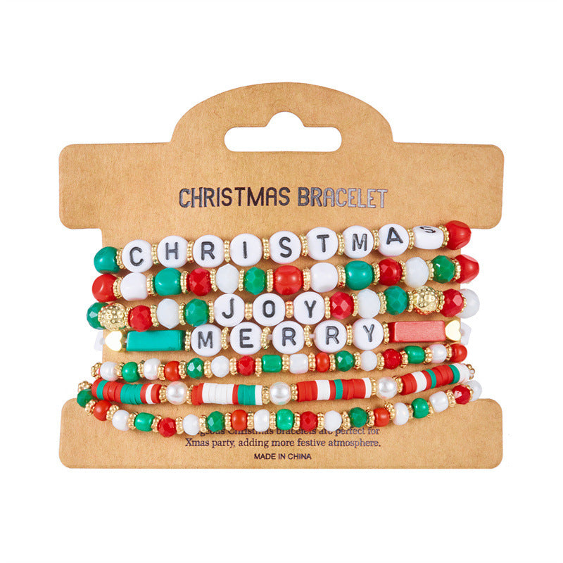 Handmade Polymer Clay Christmas Bracelet Set with Alphabet and Tree Beads Alloy Chain for Women Festive Holiday Gift