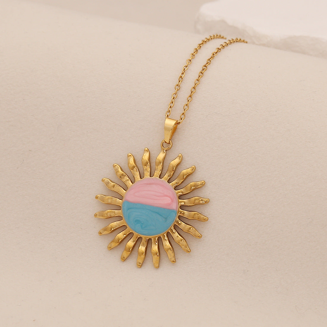 Collar con colgante de girasol floral de primavera en colores pastel de acero inoxidable con motivos de trigo y estrella-luna