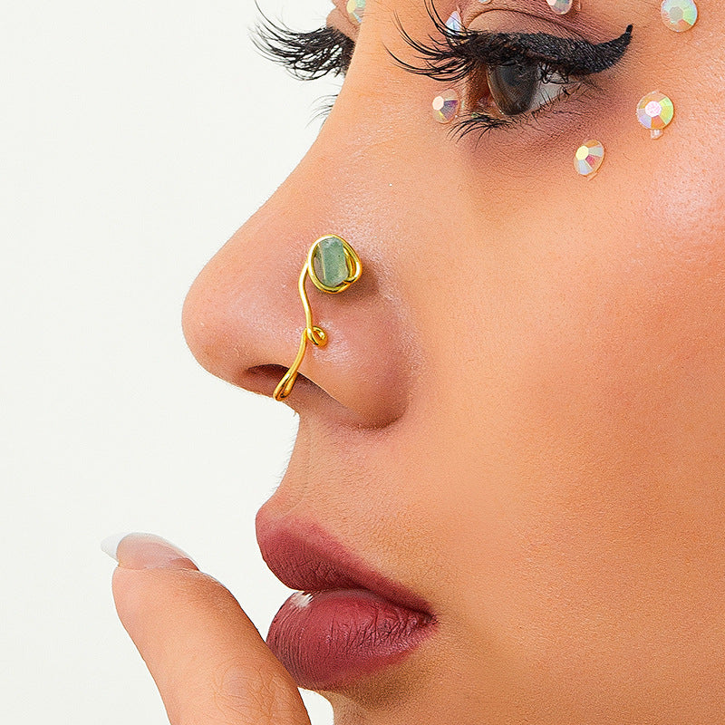 Minimalist Geometric Teardrop Star Moon Brass Plated Nose Clip with Turquoise Inlay for Women
