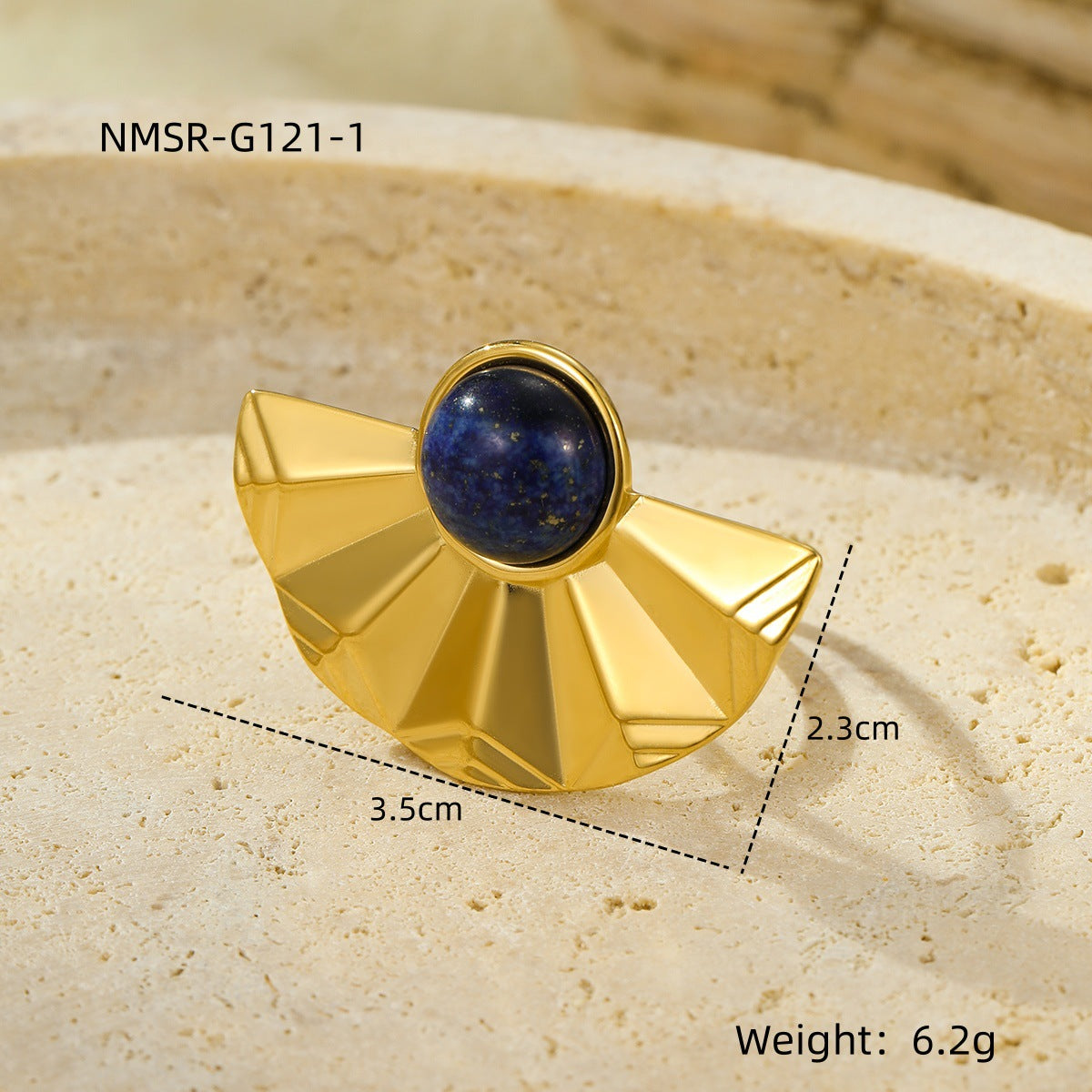 Anello vintage da donna in acciaio inossidabile placcato oro 18 carati con design geometrico a ventaglio e intarsio in pietra naturale