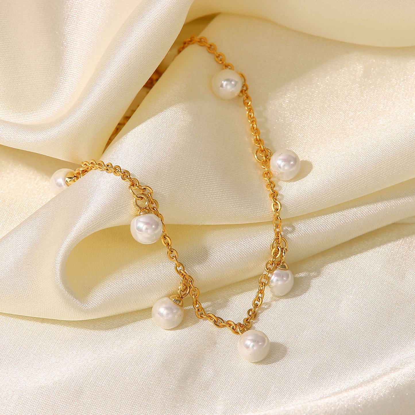Minimalist Geometric 18K Gold Plated Stainless Steel Anklet with Shell Pearl Tassel Pendant for Women