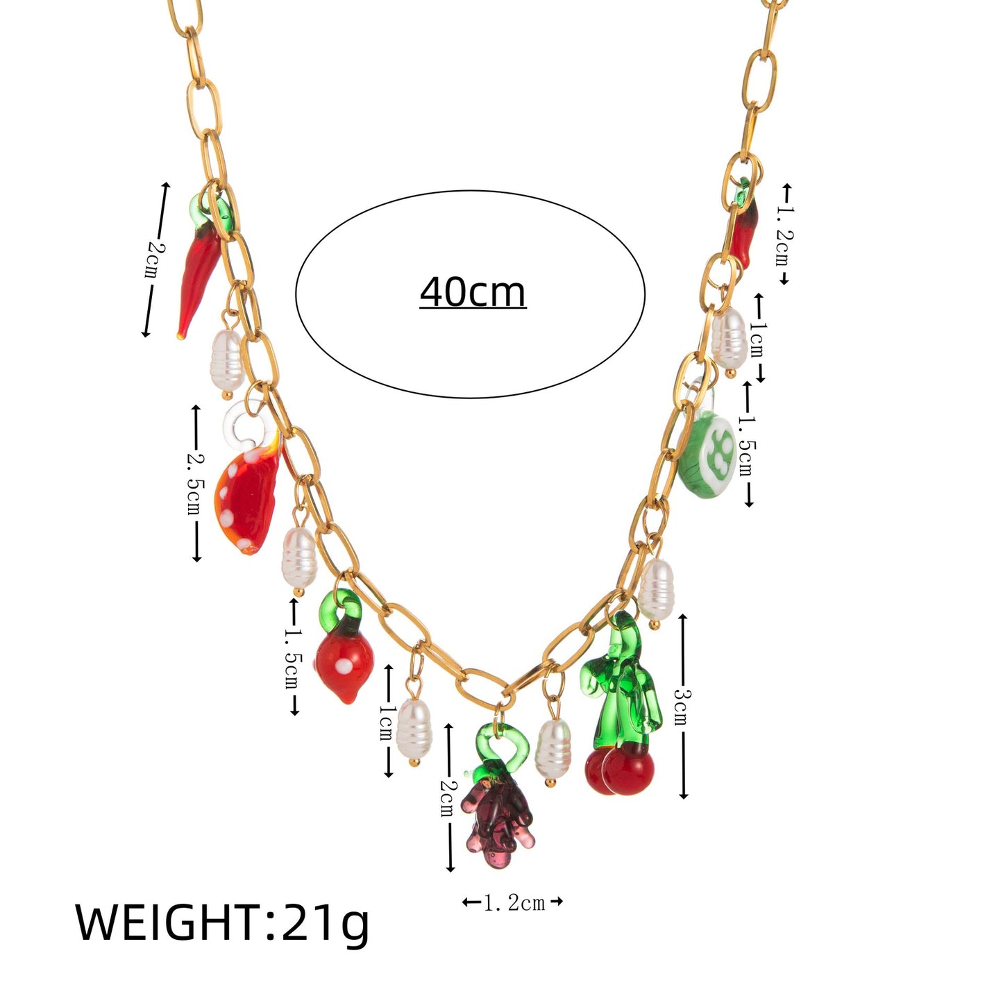 Collana a Pendente Rustica a Forma di Frutta Fresca con Uva, Fragola, Ciliegia e Pera in Rame Placcato