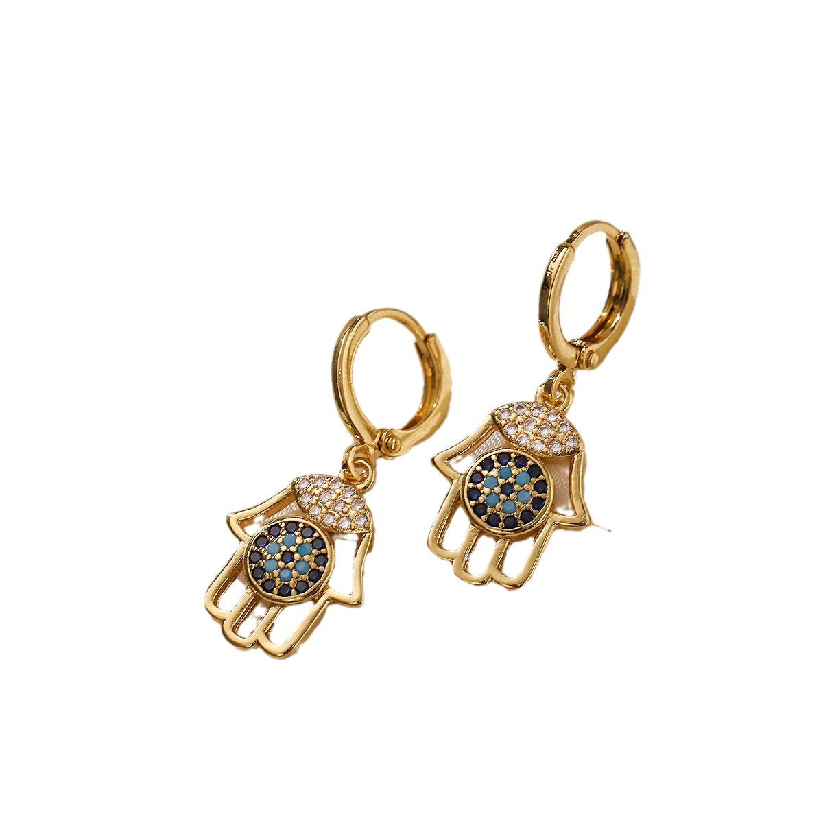 Minimalist Evil Eye Hand Palm Pendant Necklace and Earrings Set in Copper with 18K Gold Plating and Zircon Inlay