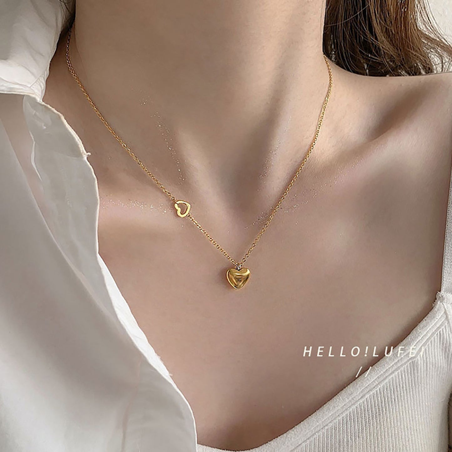 Elegant French-Style Heart-Shaped Pendant Necklace for Women in Stainless Steel with 18K Gold Plating