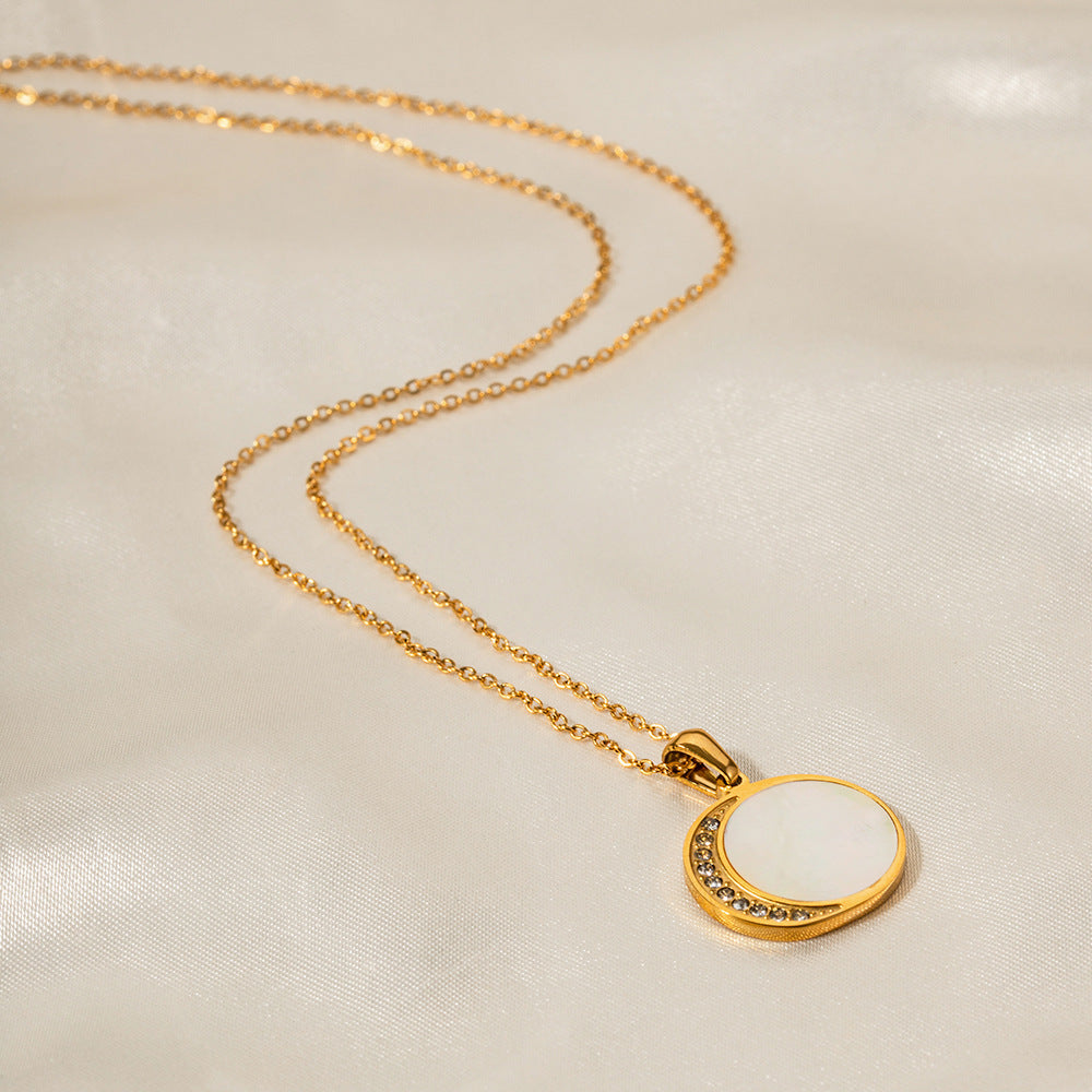Trendy Geometric Sun and Moon Pendant Necklace with Shell and Zircon, 18K Gold Plated Stainless Steel Chain for Women