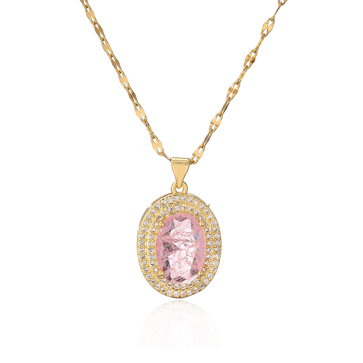 Collana pendente ovale minimalista da donna in ottone con placcatura in oro vero e intarsio di zirconi