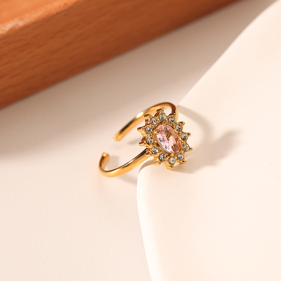 Anello Geometrico a Girasole in Stile INS in Acciaio Inossidabile con Intarsio in Zircone e Placcatura in Oro Sottovuoto 18K