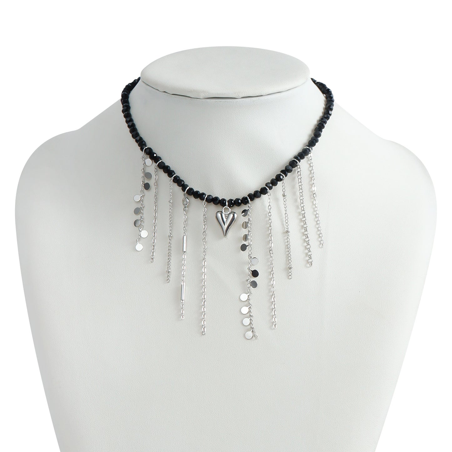 Fashionable Black Crystal Beaded Tassel Necklace with Heart Pendant in Plated Alloy for Women
