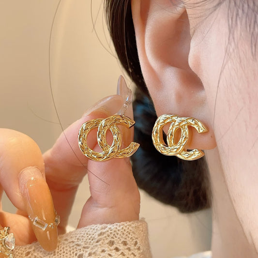 Elegant Gold Plated Brass Checkered Letter Earrings with 925 Sterling Silver Posts for Women