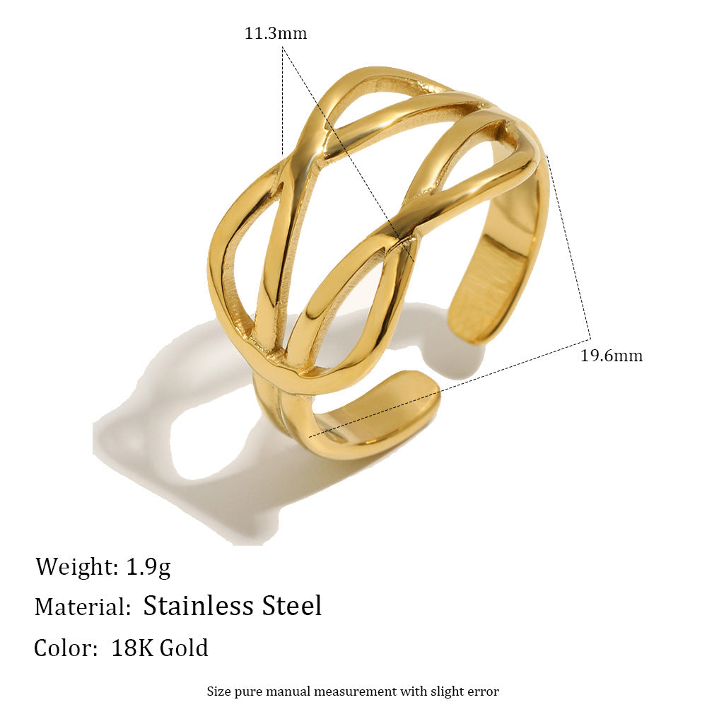 Minimalist 18K Gold Plated Stainless Steel Geometric Double Knot Open Ring for Women