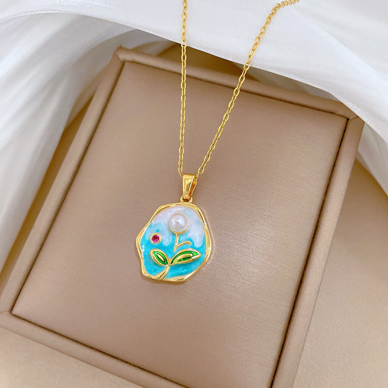 Minimalist Sweet Geometric Moon Rhinestone Pendant Necklace Titanium Steel Cable Chain for Unisex