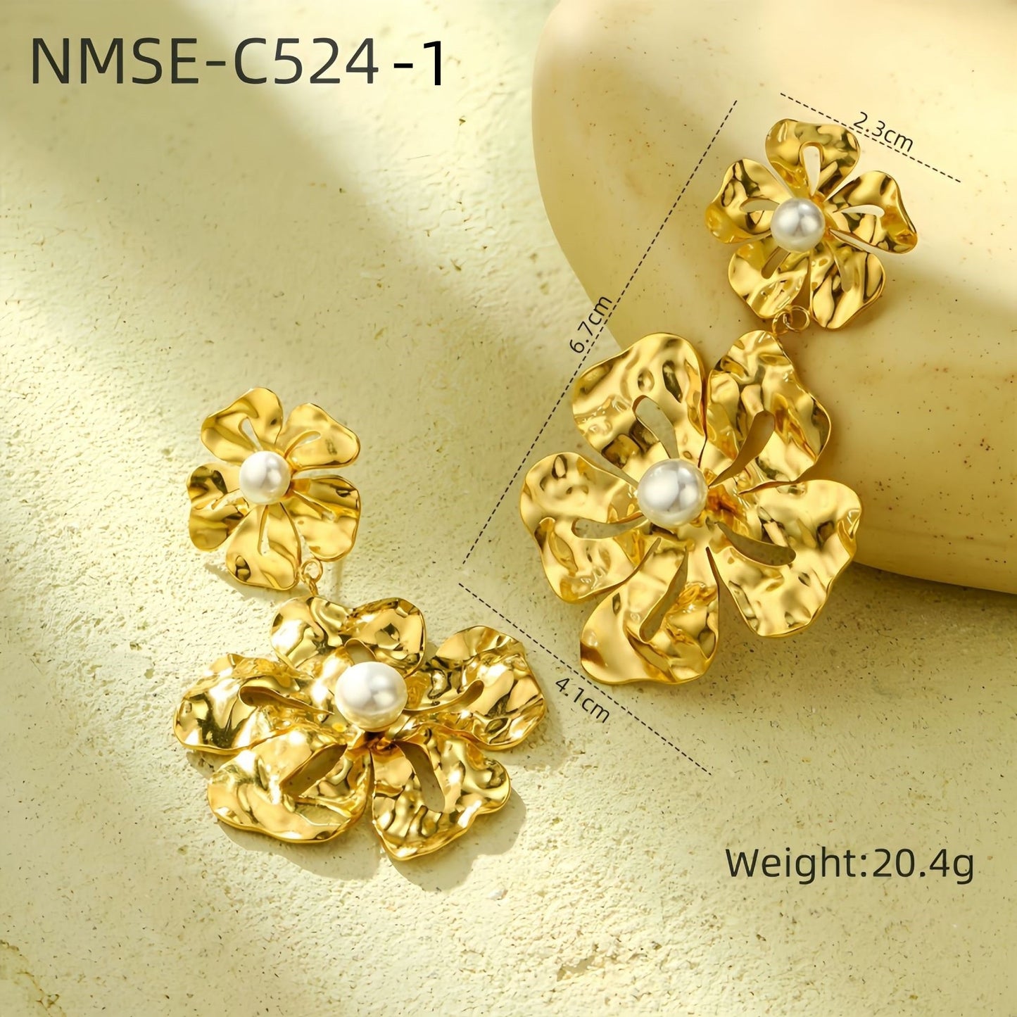 Pendientes de Acero Inoxidable con Forma de Pétalo Estilo OL de Moda con Baño de Oro de 18K y Acentos de Perlas