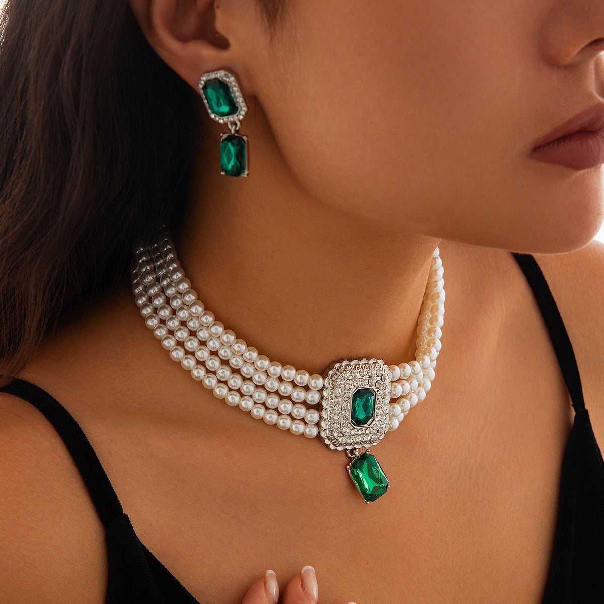 Luxury Multi-Layer Geometric Imitation Pearl Necklace and Earring Set with Triangle and Heart Charms for Women