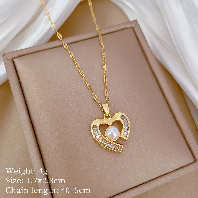 Luxury Geometric Heart Titanium Steel Necklace and Earrings Set with Rhinestones for Women
