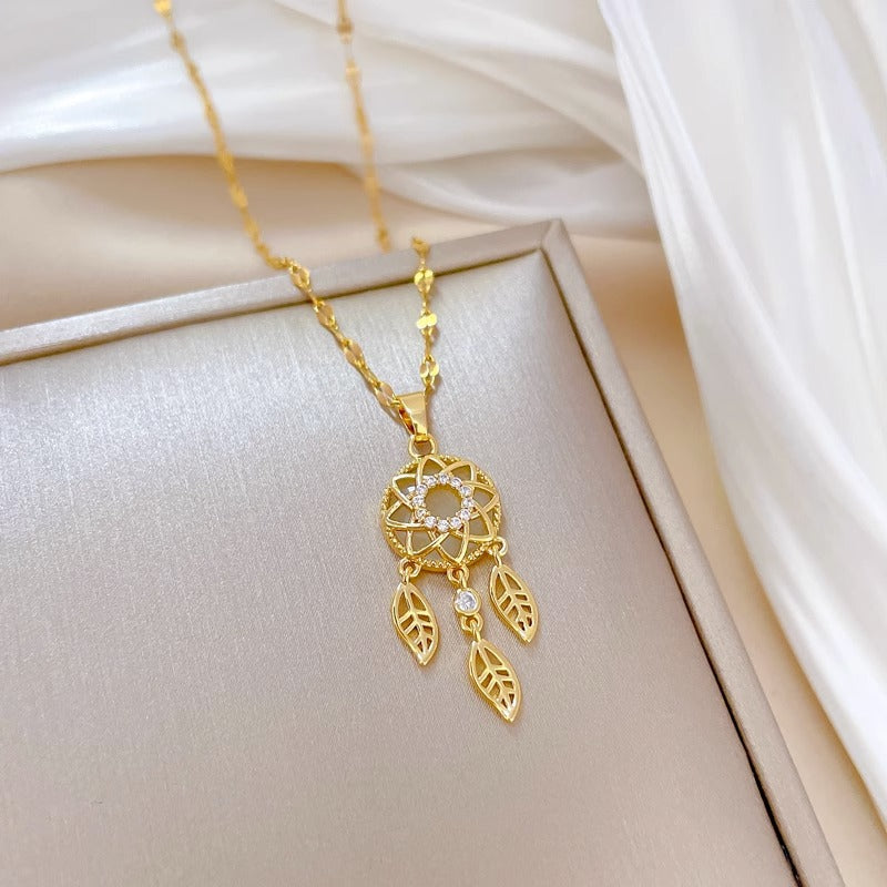 Original Design Irregular Feather Dreamcatcher Pendant Necklace for Women in Titanium Steel with Gold Plating