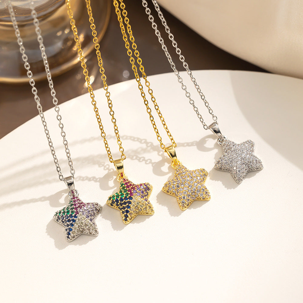 Minimalist Five-Pointed Star Pendant Necklace for Women Titanium Steel with Rhinestone Inlay Gold Plated O-Chain