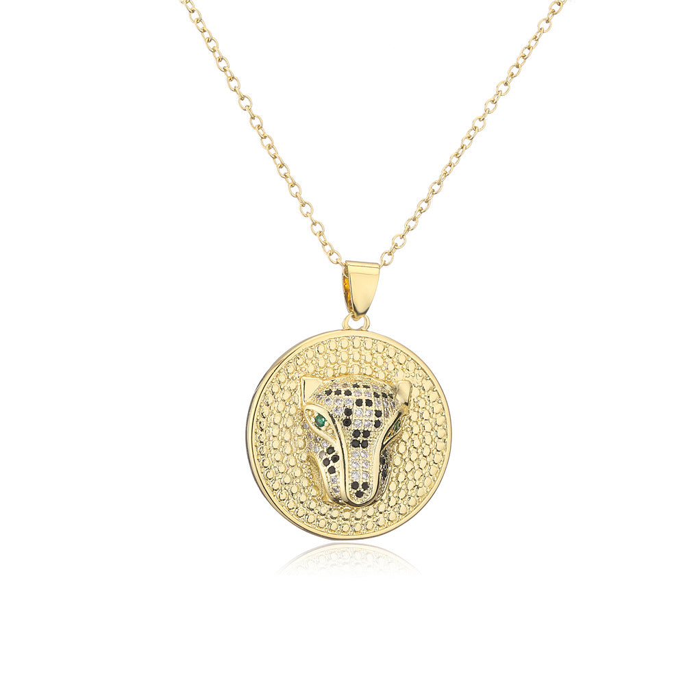 Personalized Geometric Leopard Head Micro-Inlaid Cubic Zirconia Brass Pendant Necklace with Cable Chain
