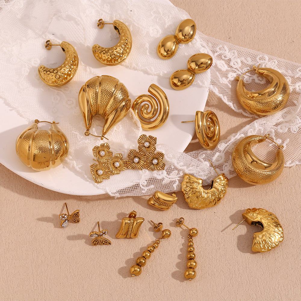 Vintage-Inspired Peanut-Shaped Stainless Steel Earrings with 18K Gold Plating for Women