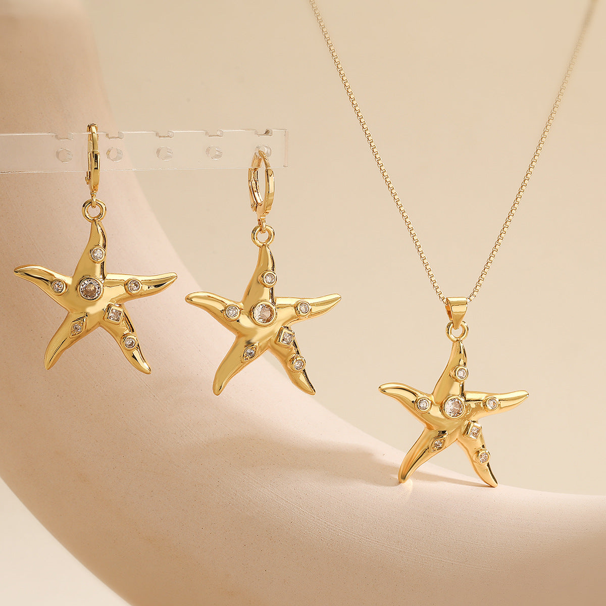 Minimalist Starfish Pendant Necklace and Earrings Set for Women in Copper with 18K Gold Plating and Micro-Paved Zirconia