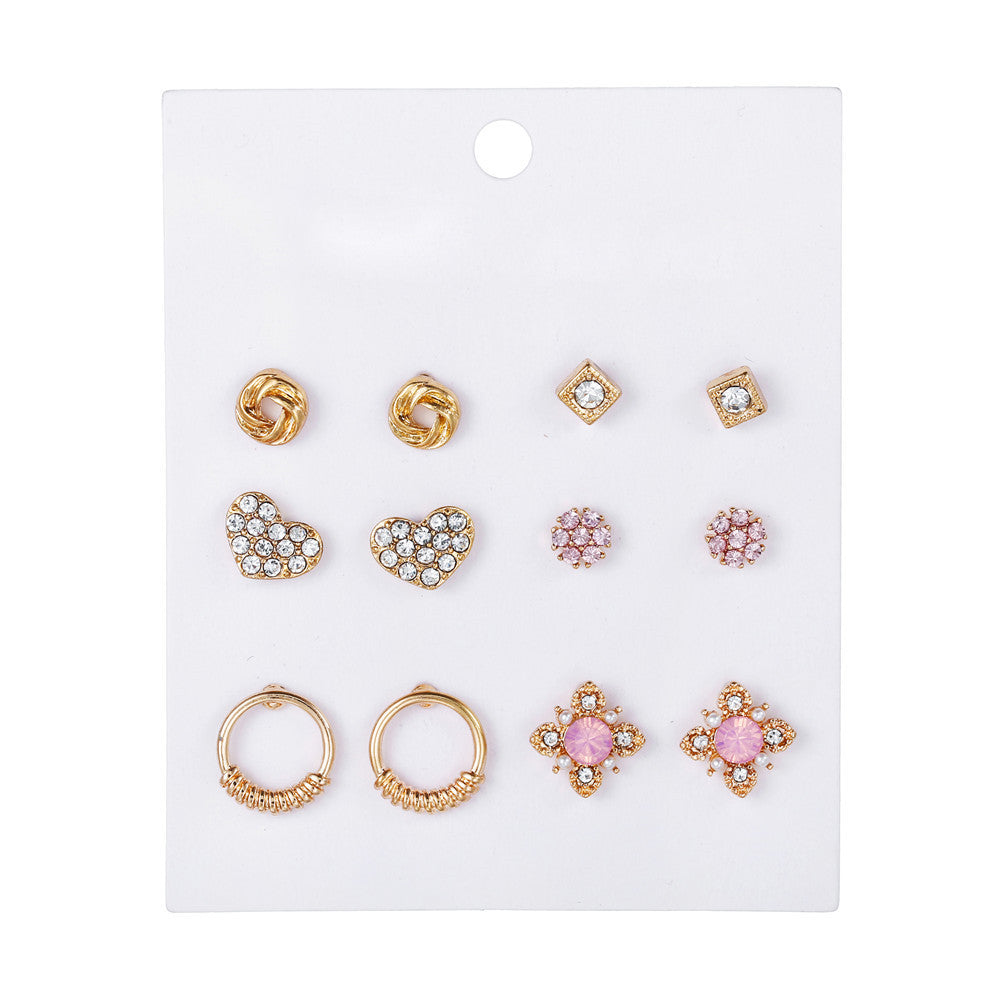 Vintage Sweet Heart Geometric Floral Rhinestone Inlay Alloy Stud Earrings Set