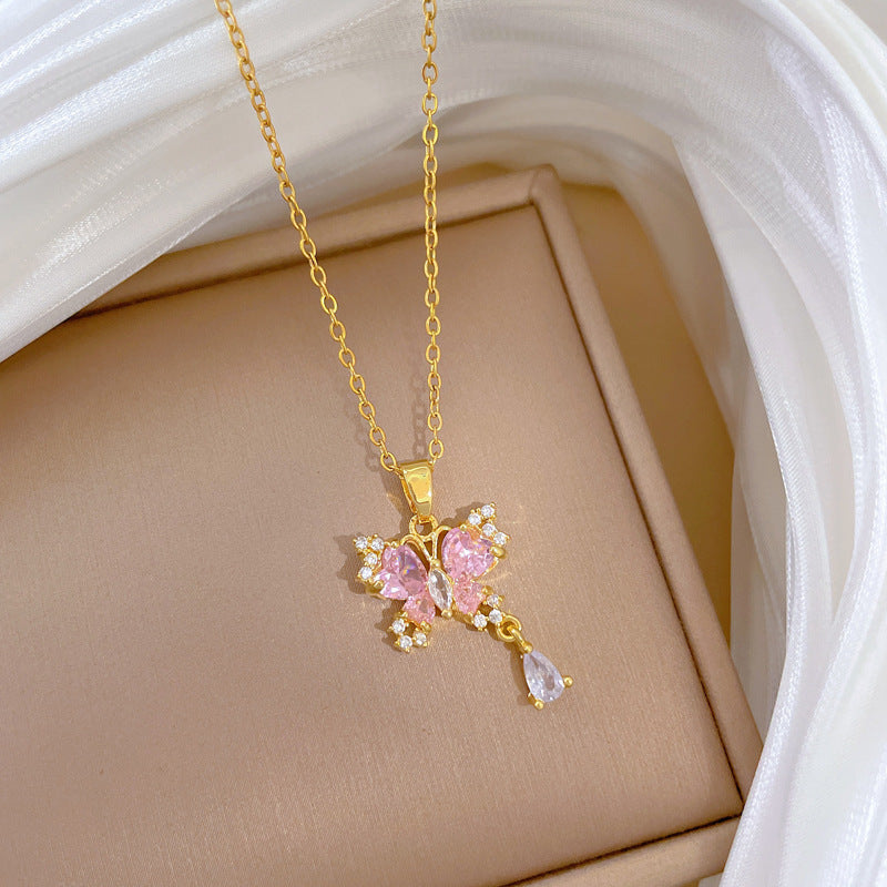 Pink Butterfly-Shaped Titanium Steel Necklace with Full Rhinestone Inlay for Women, Delicate Clavicle Chain with Geometric and Natural Moon Motif