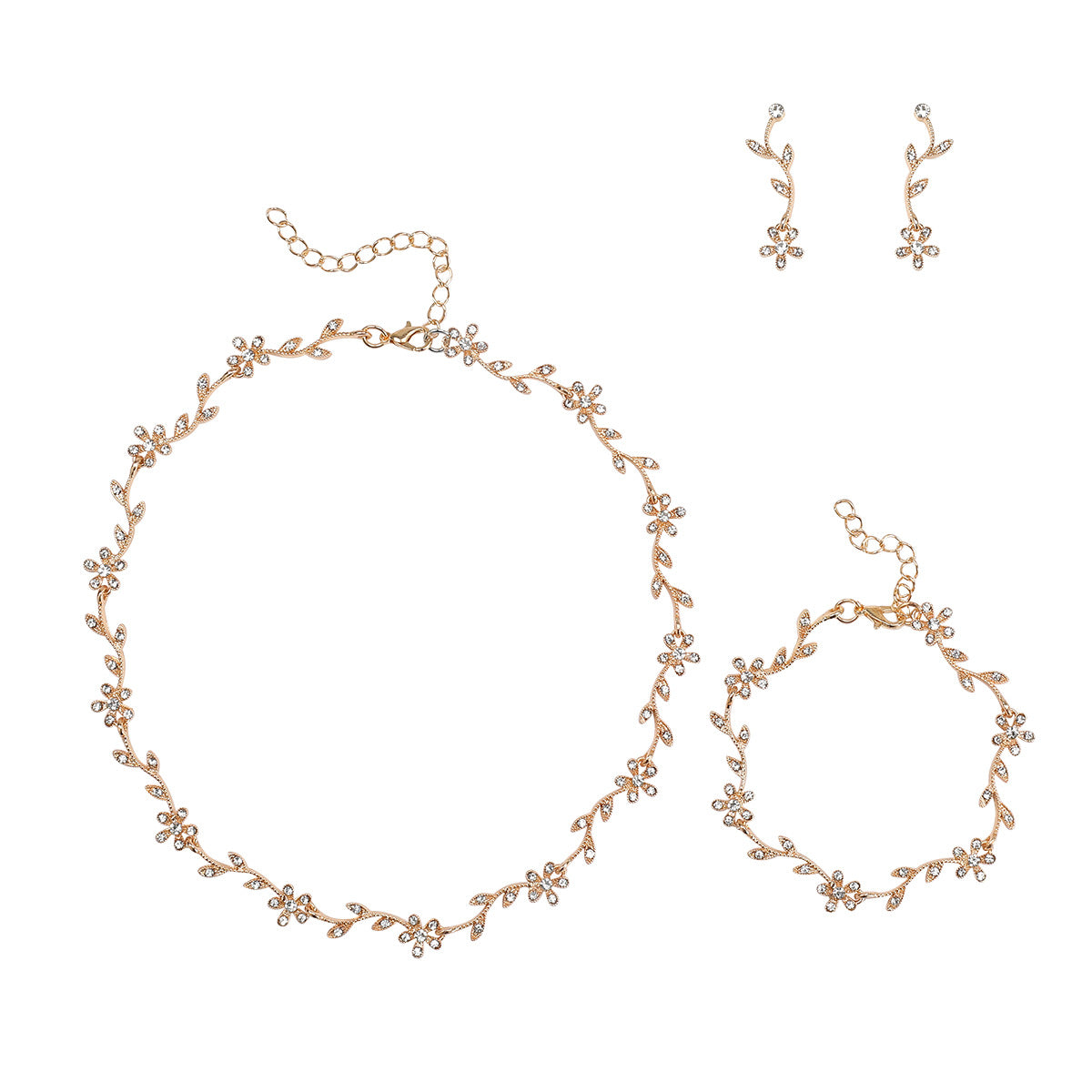 Minimalist Leaf-Shaped Alloy Necklace Set with Rhinestone Inlay for Women Including Necklace Earrings and Bracelet