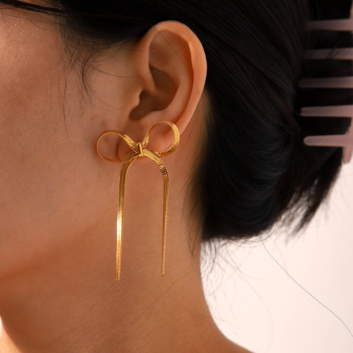 Fashion 18K Gold Plated Stainless Steel Bow Knot Geometric Stud Earrings for Women