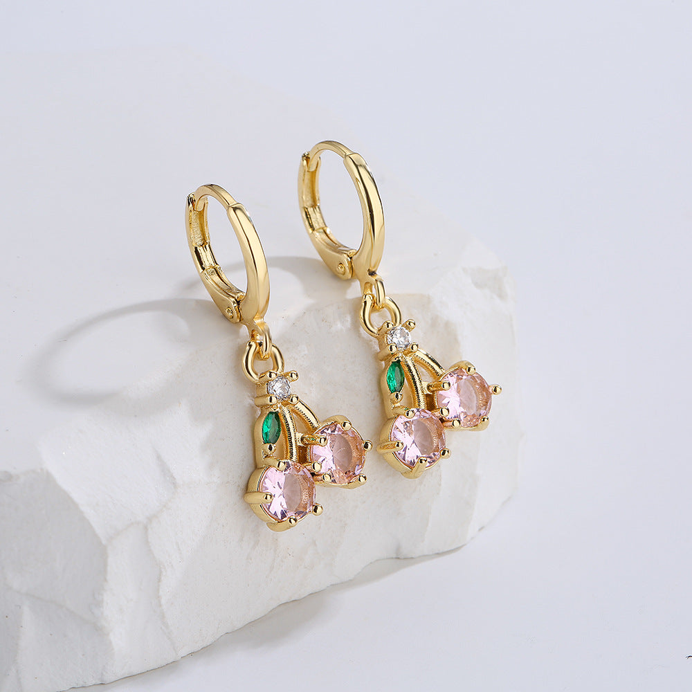 Chic Floral Cherry Geometric Earrings for Women in Copper with 18K Gold Plating and Micro-Paved Zirconia
