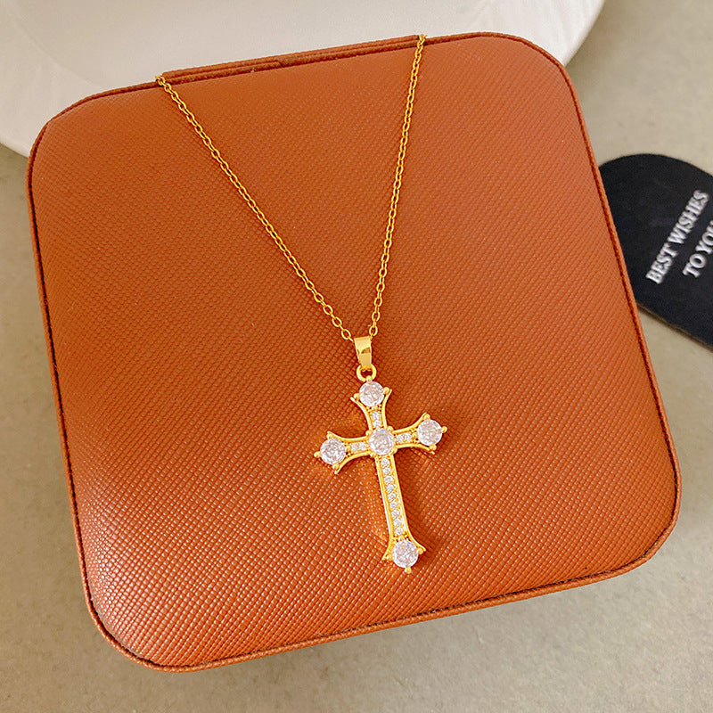 Sporty Sweet 18K Gold Plated Cross Titanium Steel Necklace with Cubic Zirconia for Women