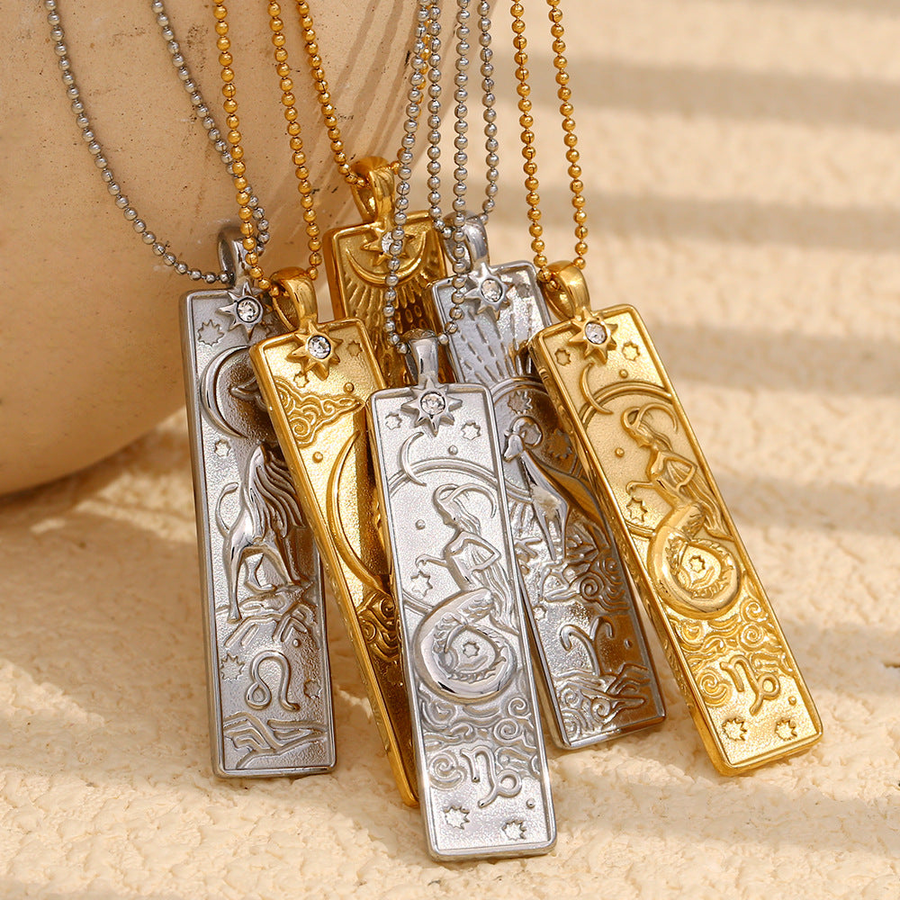 Vintage Geometric Zodiac Pendant Necklace for Women Stainless Steel with 18K Gold Plating Square Charm