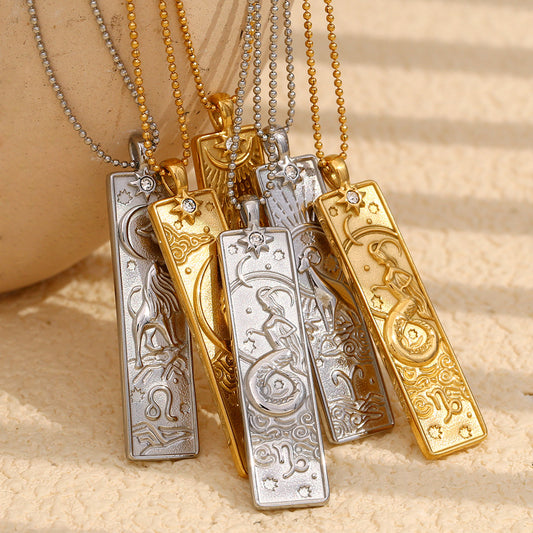 Vintage Geometric Zodiac Pendant Necklace for Women Stainless Steel with 18K Gold Plating Square Charm