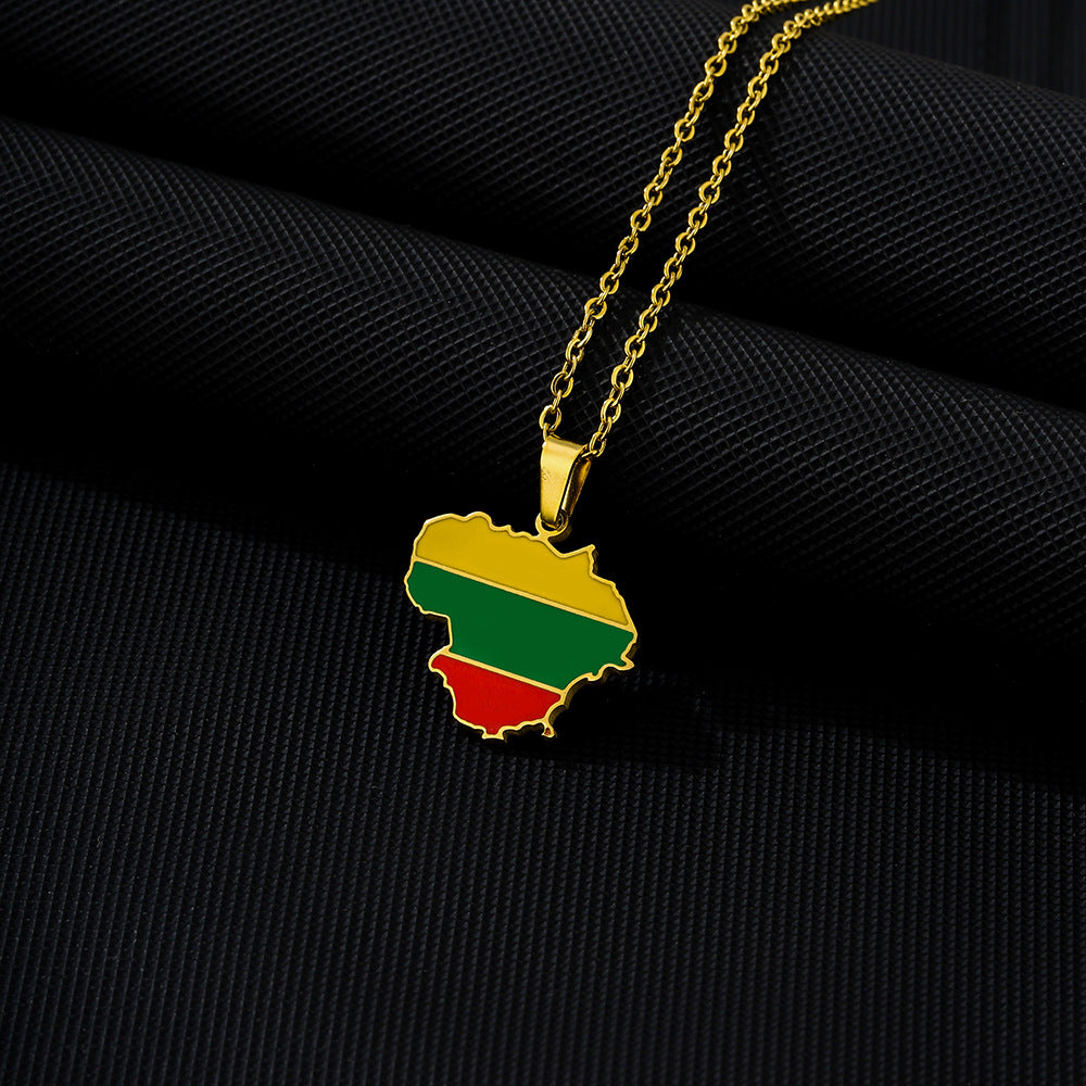 Collar con colgante de mapa geométrico retro de Lituania en acero inoxidable con acabado esmaltado en cadena tipo O para unisex