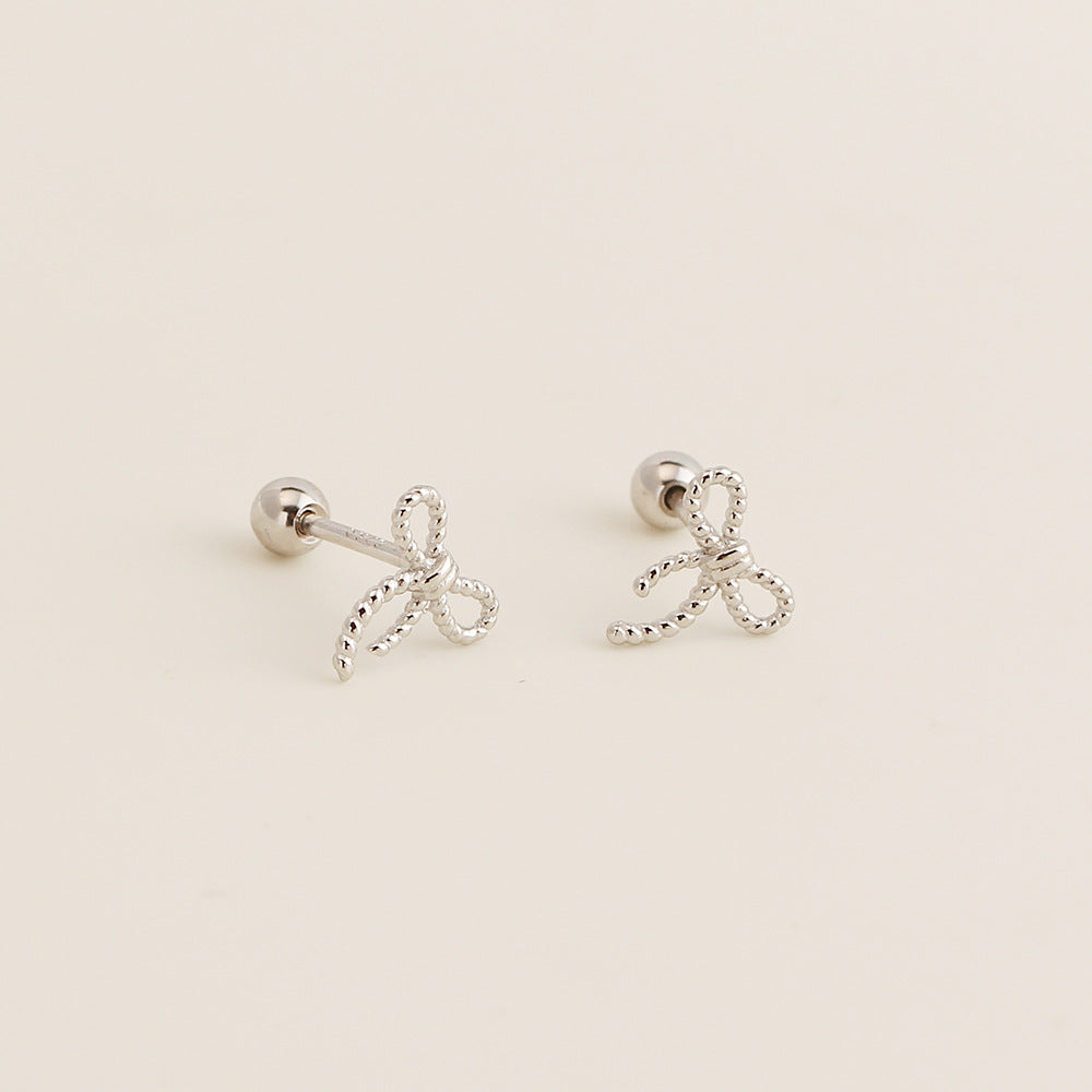 Sweet Minimalist Bow Plated 925 Sterling Silver Screw-Back Hoop Earrings for Women
