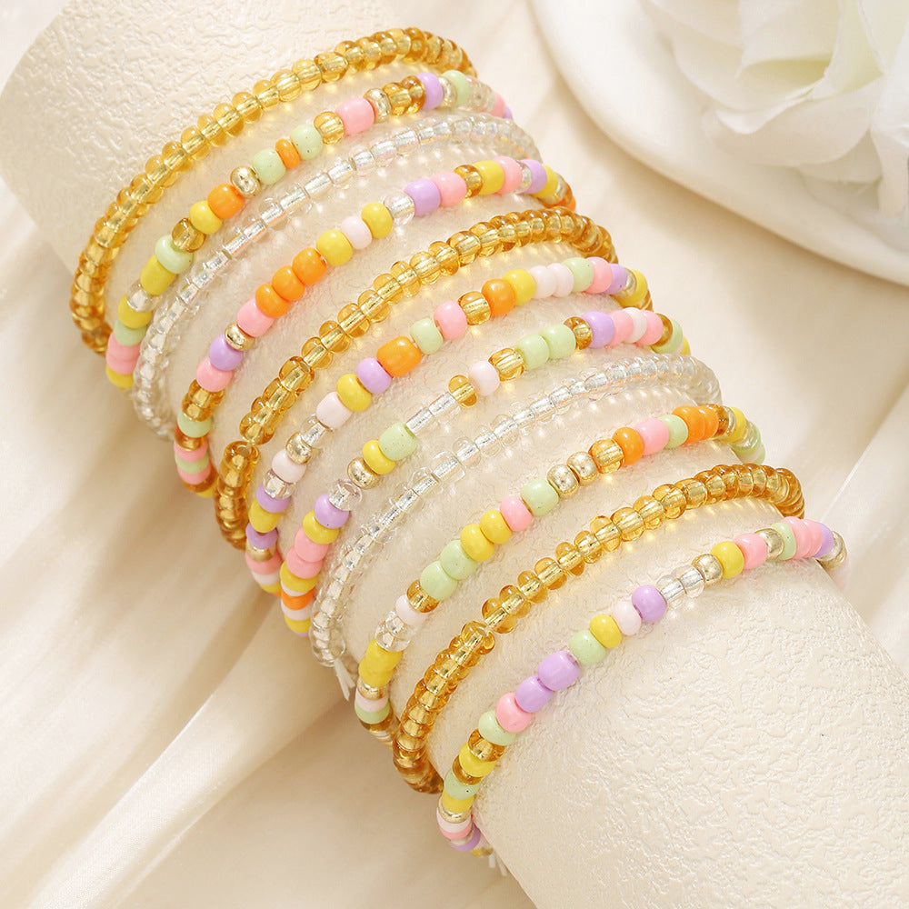 Bohemian Sweet Handmade Geometric Glass Seed Bead Crystal Multi-layer Stretch Bracelet for Women