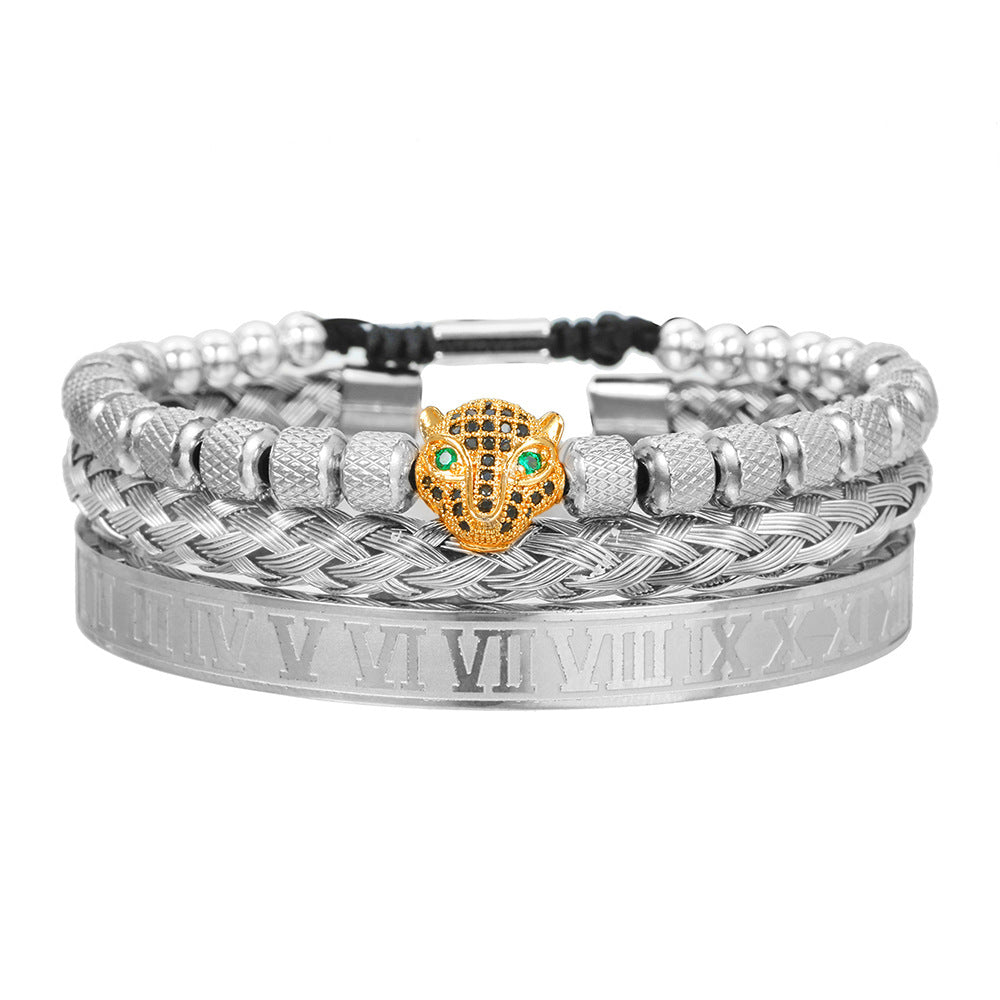 Vintage Geometric Leopard Head Micro-inlaid Cubic Zirconia Woven Stainless Steel Bracelet Set