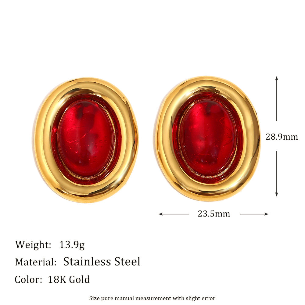 Minimalist Geometric Red Agate Stud Earrings in Stainless Steel with 18K Gold Plating for Women