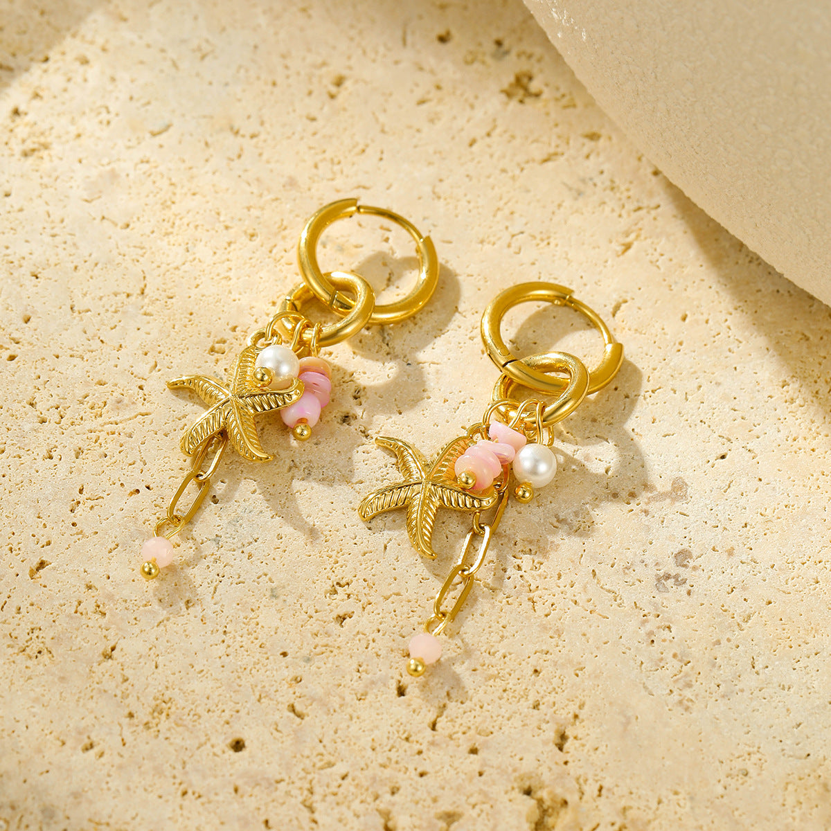 Pendientes de acero inoxidable con forma de estrella de mar, estilo vacacional, con incrustaciones de piedra natural para mujer