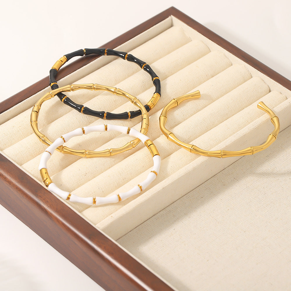 Minimalist Bamboo-Shaped Titanium Steel C-Clasp Bracelet for Women with Plated Finish