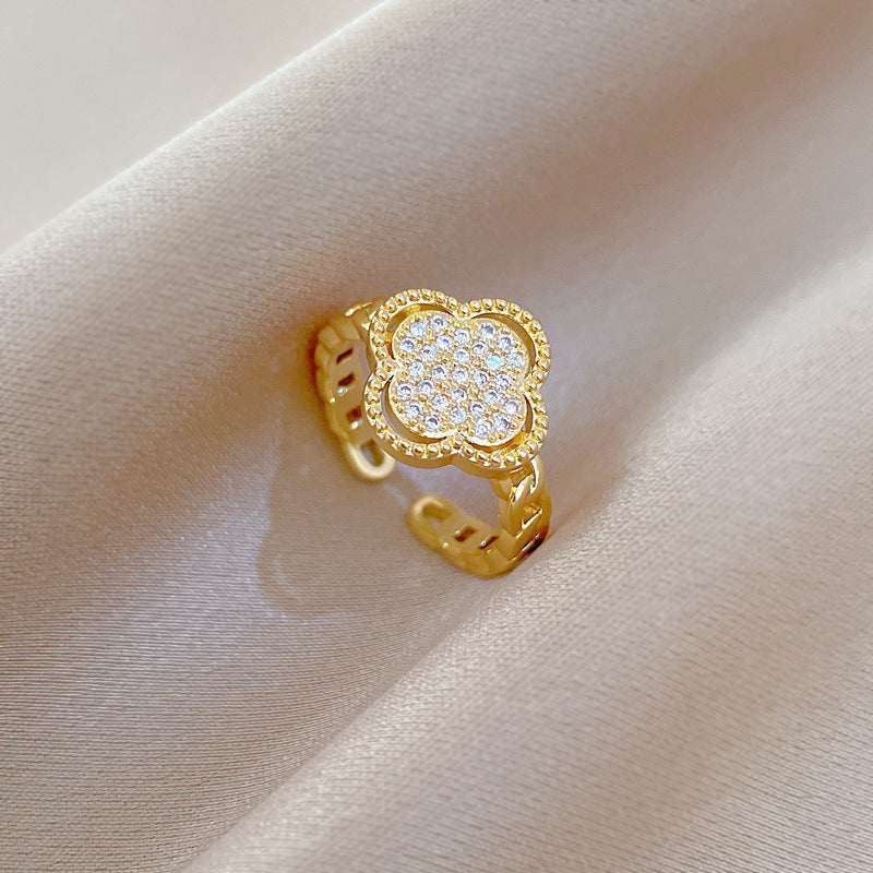 Minimalist Sweet Gold Plated Brass Adjustable Clover Ring for Women and Couples