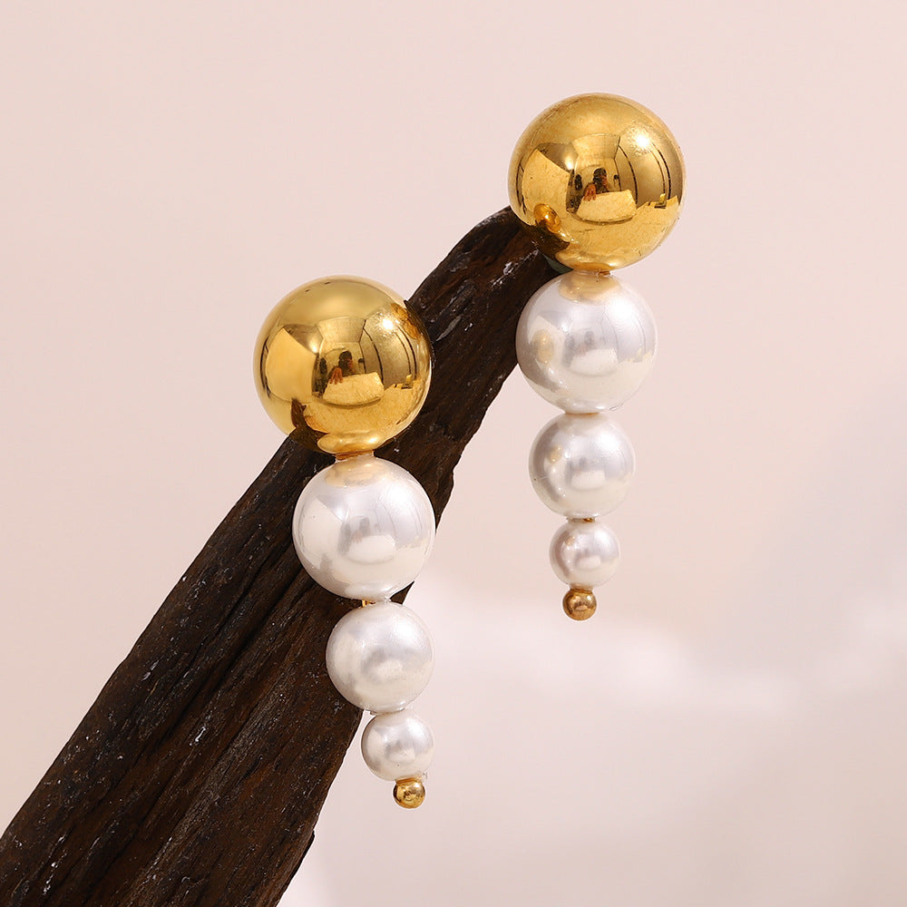 Minimalist Geometric Stainless Steel Earrings with 18K Gold Plating and Pearl Accents for Women