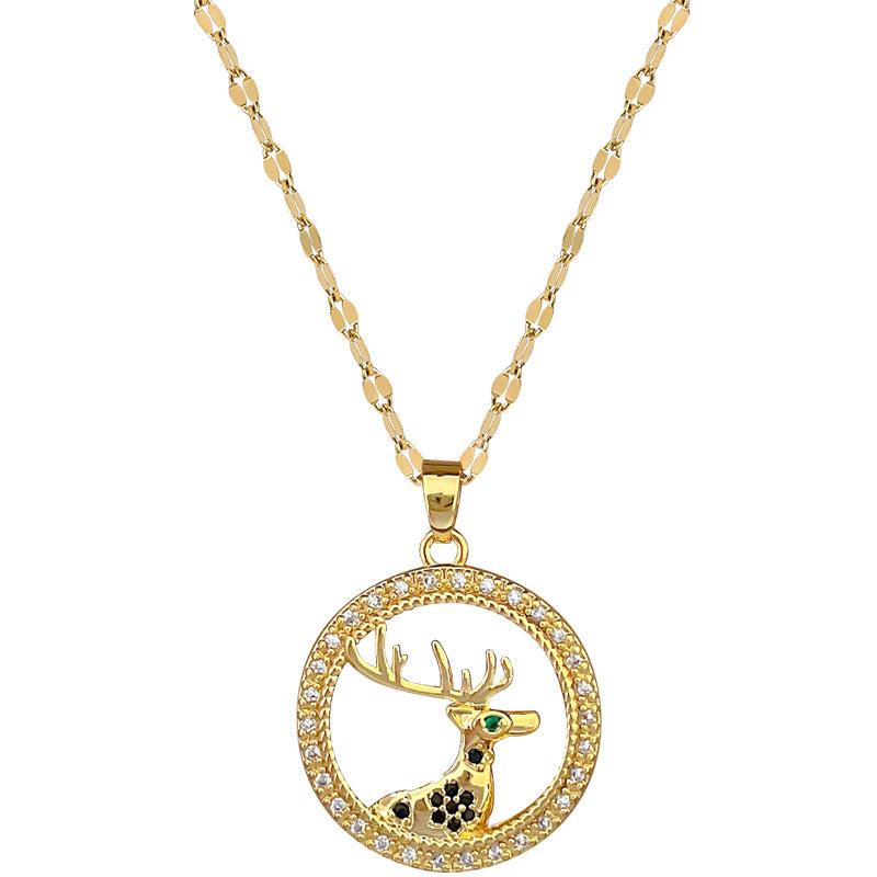 Minimalist Geometric Lucky Deer Pendant Necklace for Women and Men Stainless Steel Snake Chain with Rhinestone Accents