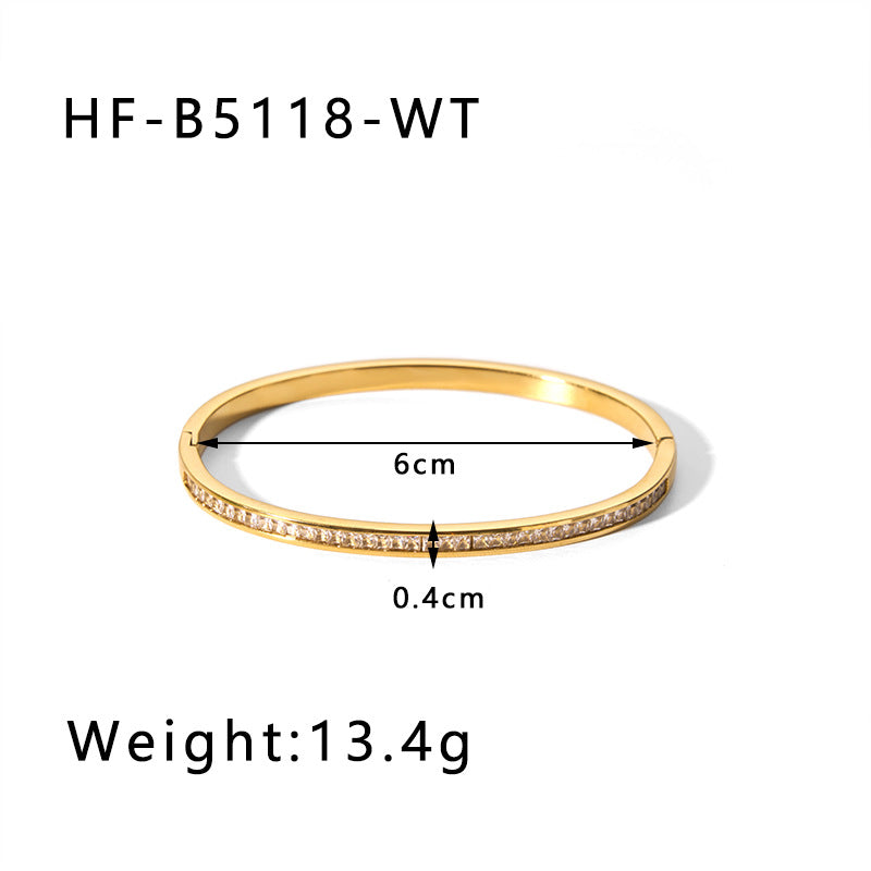 Vintage-Inspired Titanium Steel Cuff Bracelet with Zircon Inlay, Asymmetrical Design, Vacuum-Plated 18K Gold Finish for Women