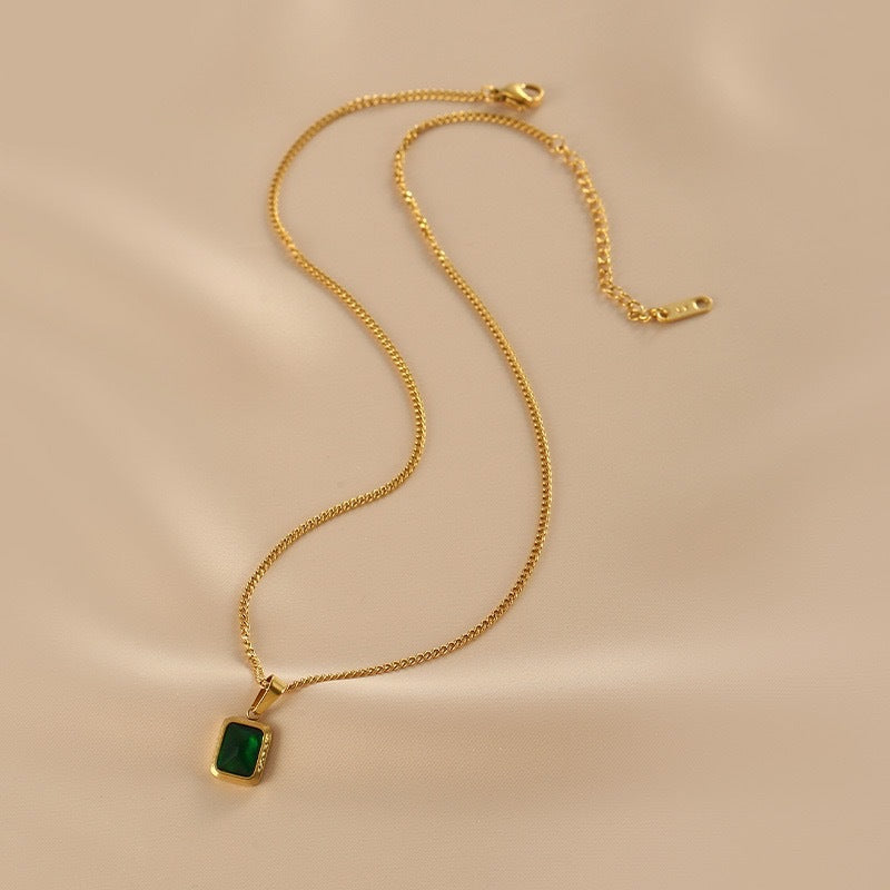Geometric Green Rhinestone Pendant Necklace for Women in Titanium Steel with Plating Finish